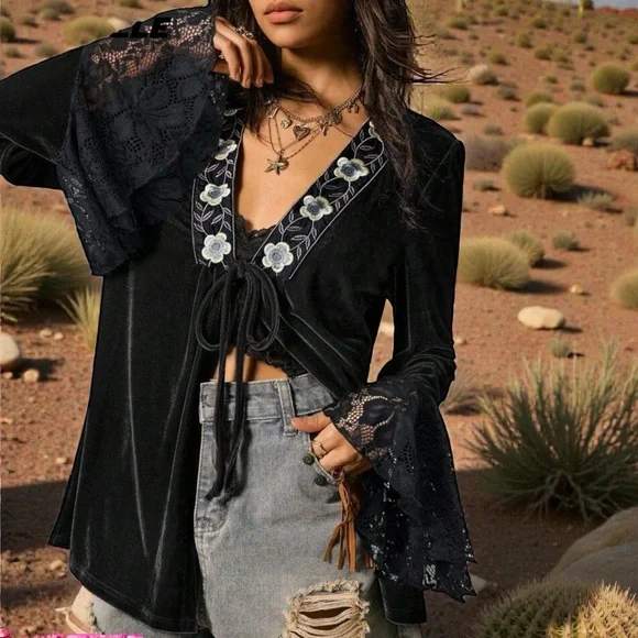 NWT Black Velvet Lace Bell Sleeve Top - Picture 8 of 8